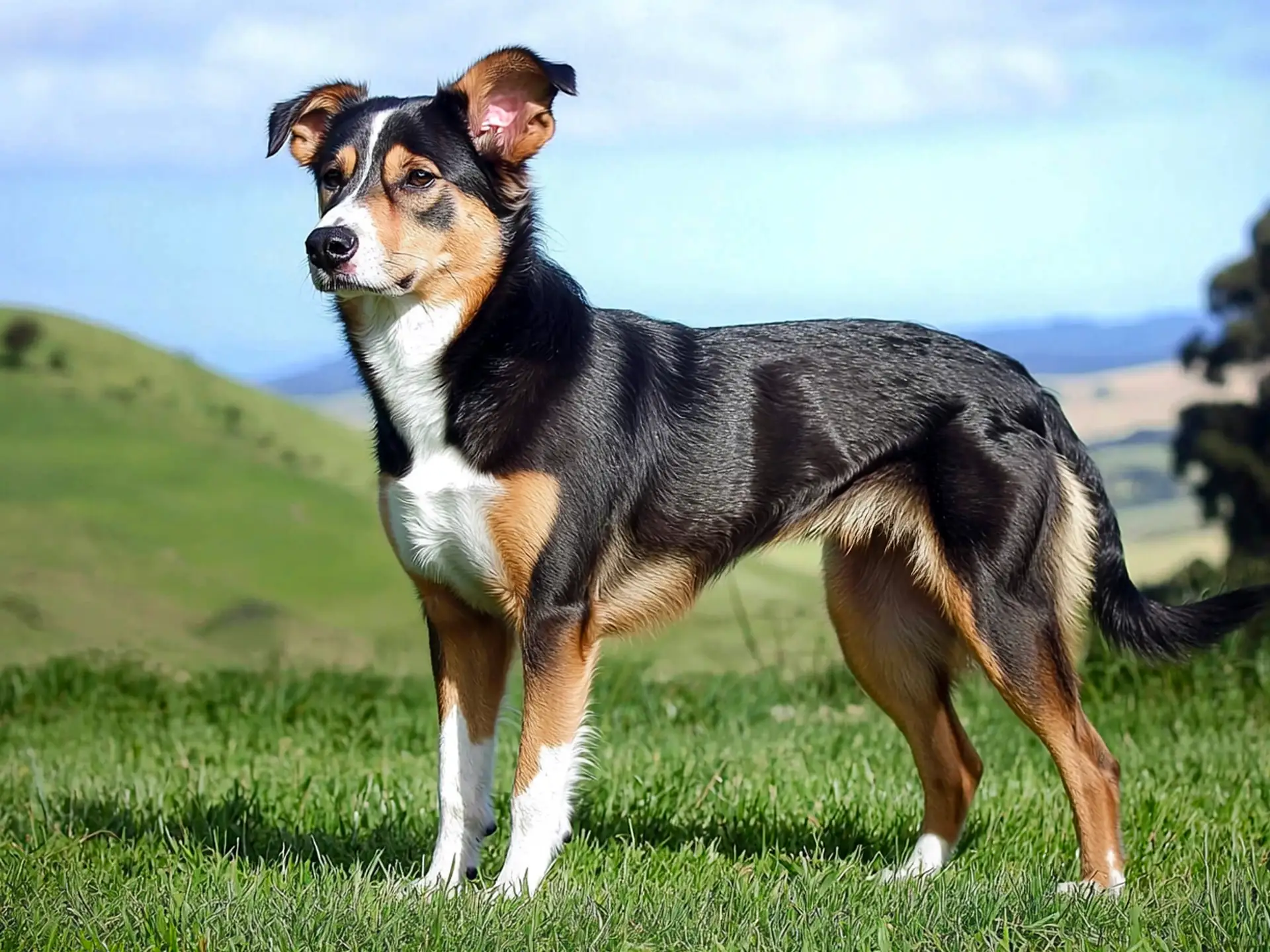 New Zealand Heading Dog standing on a grassy hill, alert and focused