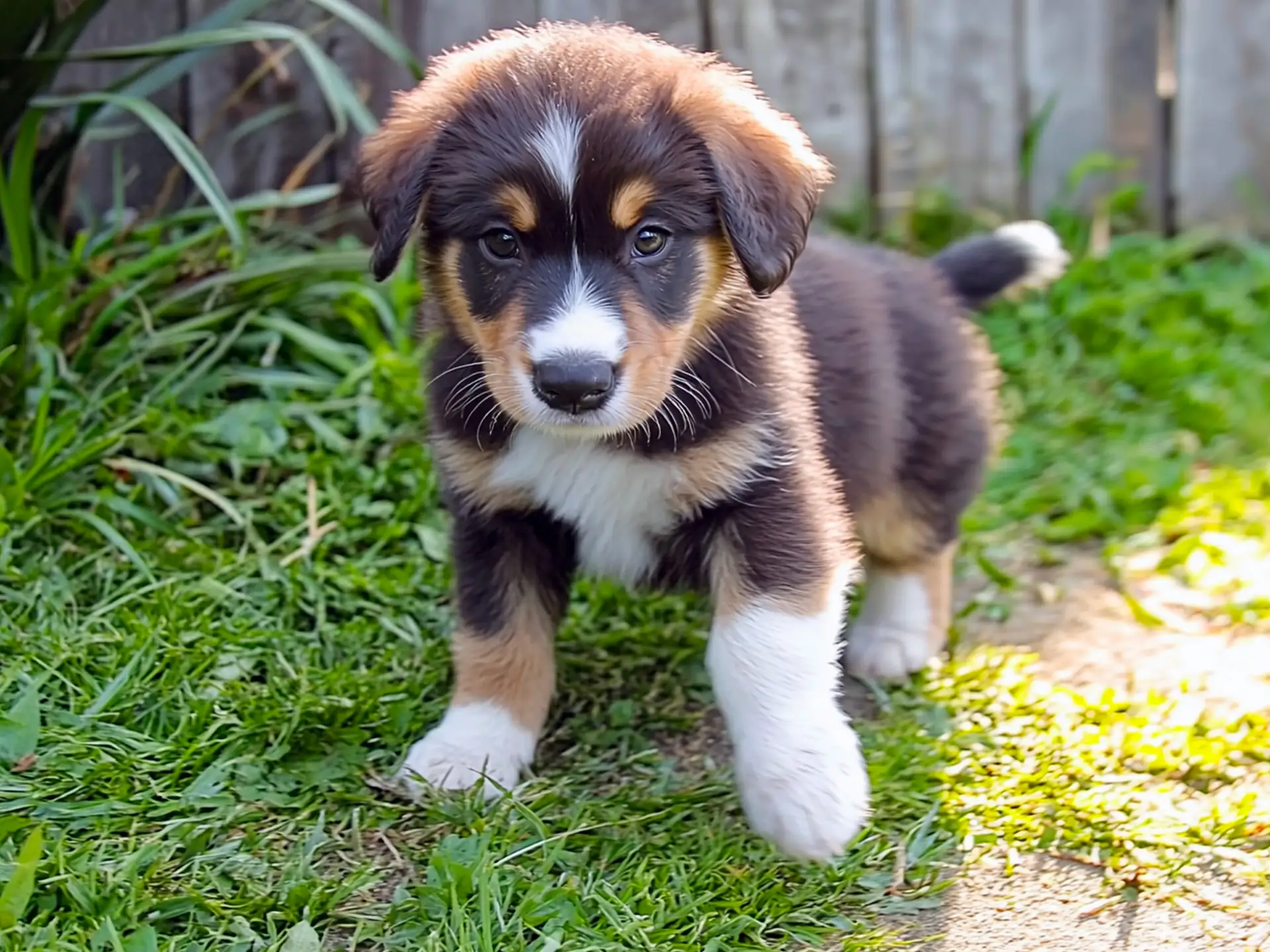 New Zealand Heading Dog puppy standing on green grass with a curious expression