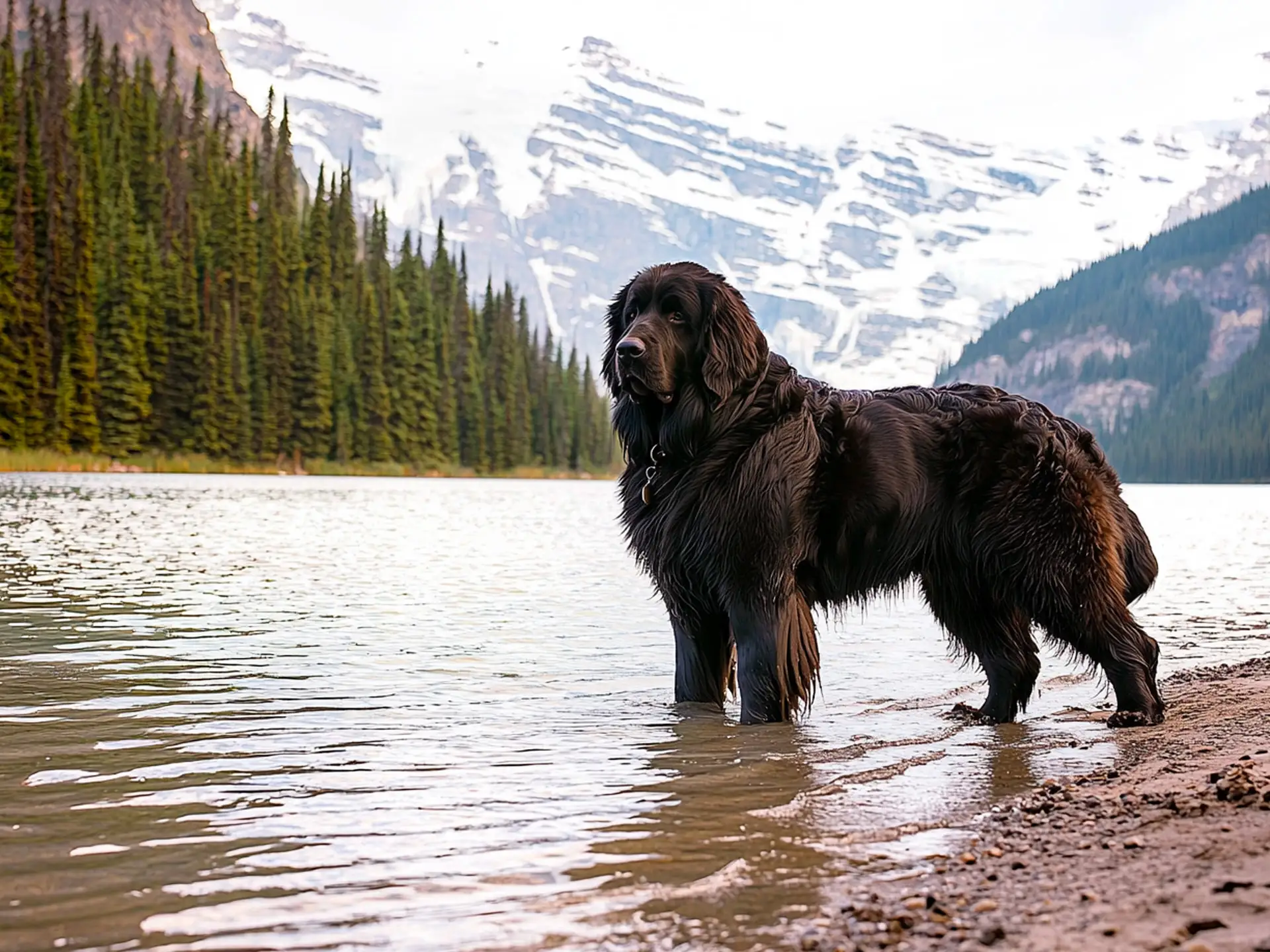 Large Newfoundland dog standing in a lake with a mountain backdrop, highlighting its water-resistant fur.