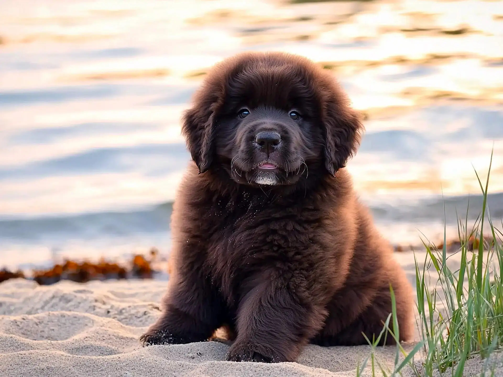 Adorable Newfoundland puppy sitting on the beach at sunset, showcasing its thick, fluffy black coat.