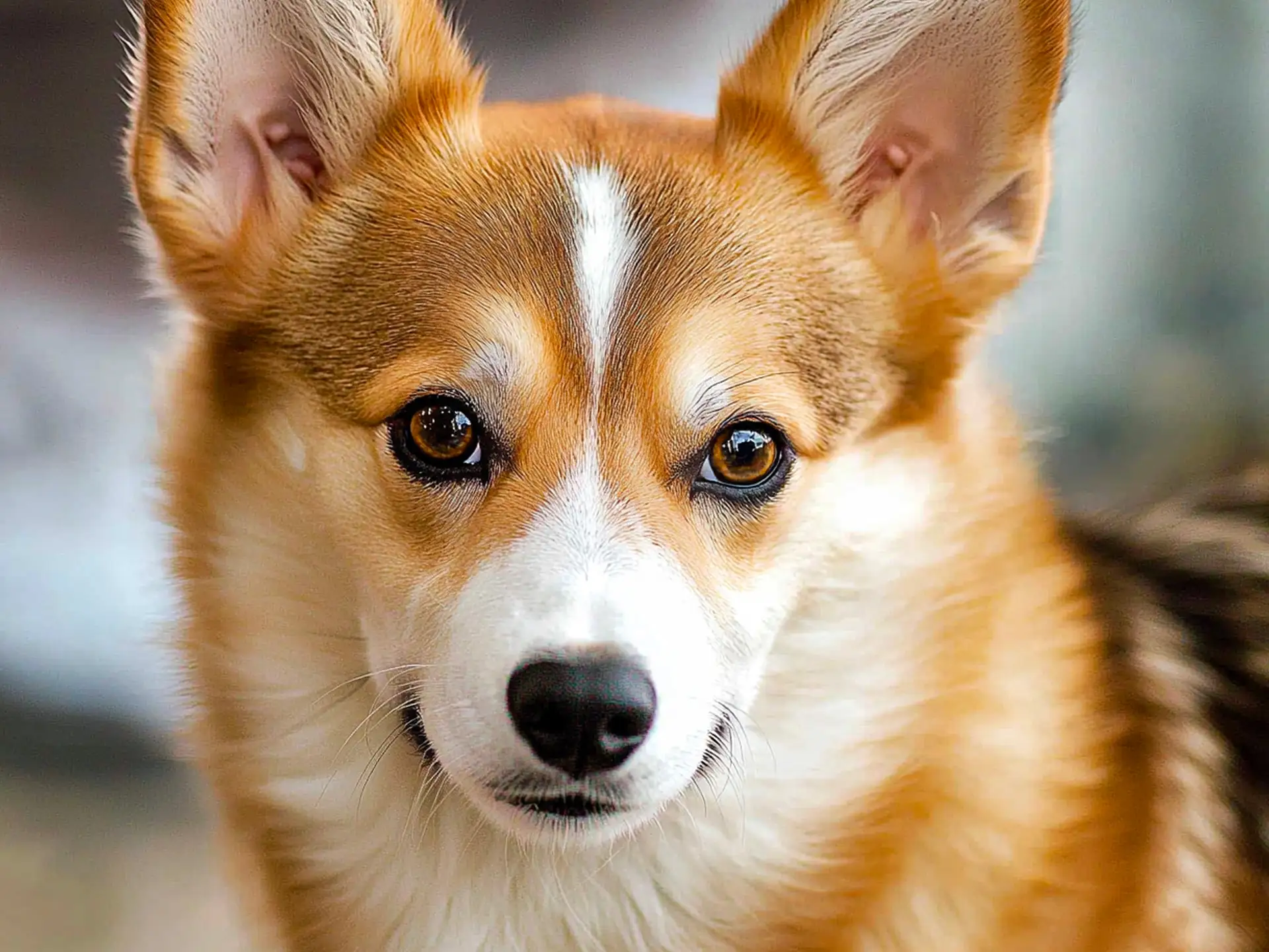 Close-up of a Norwegian Lundehund’s face, showcasing its expressive eyes and unique features