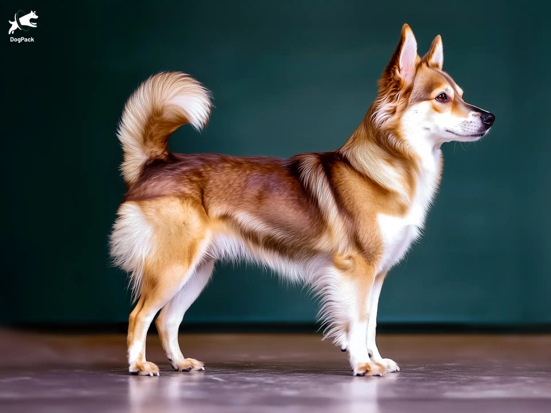 Norwegian Lundehund Dog breed full body view standing against green background