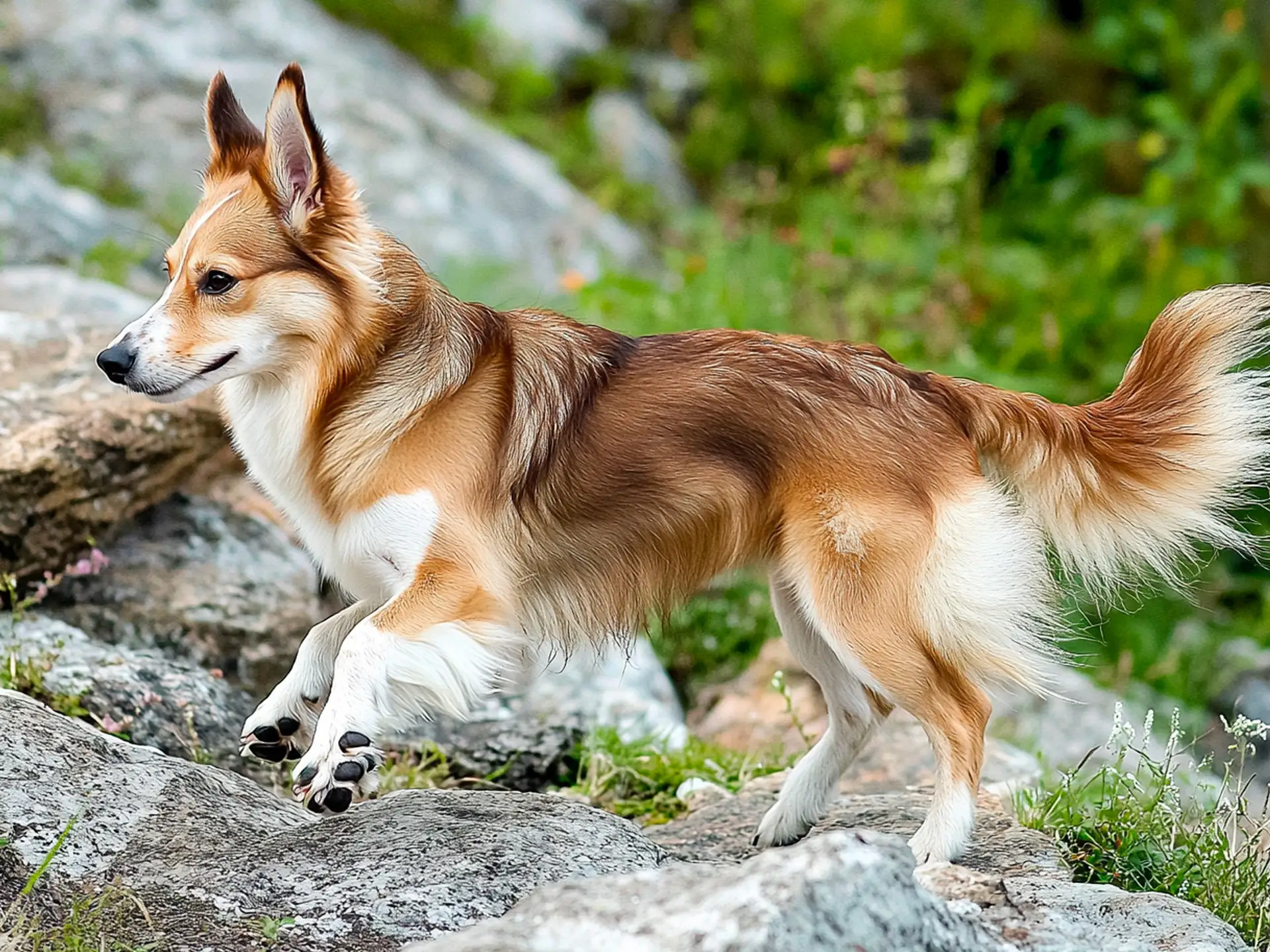 Norwegian Lundehund mid-leap on a rugged mountain trail, displaying its agility