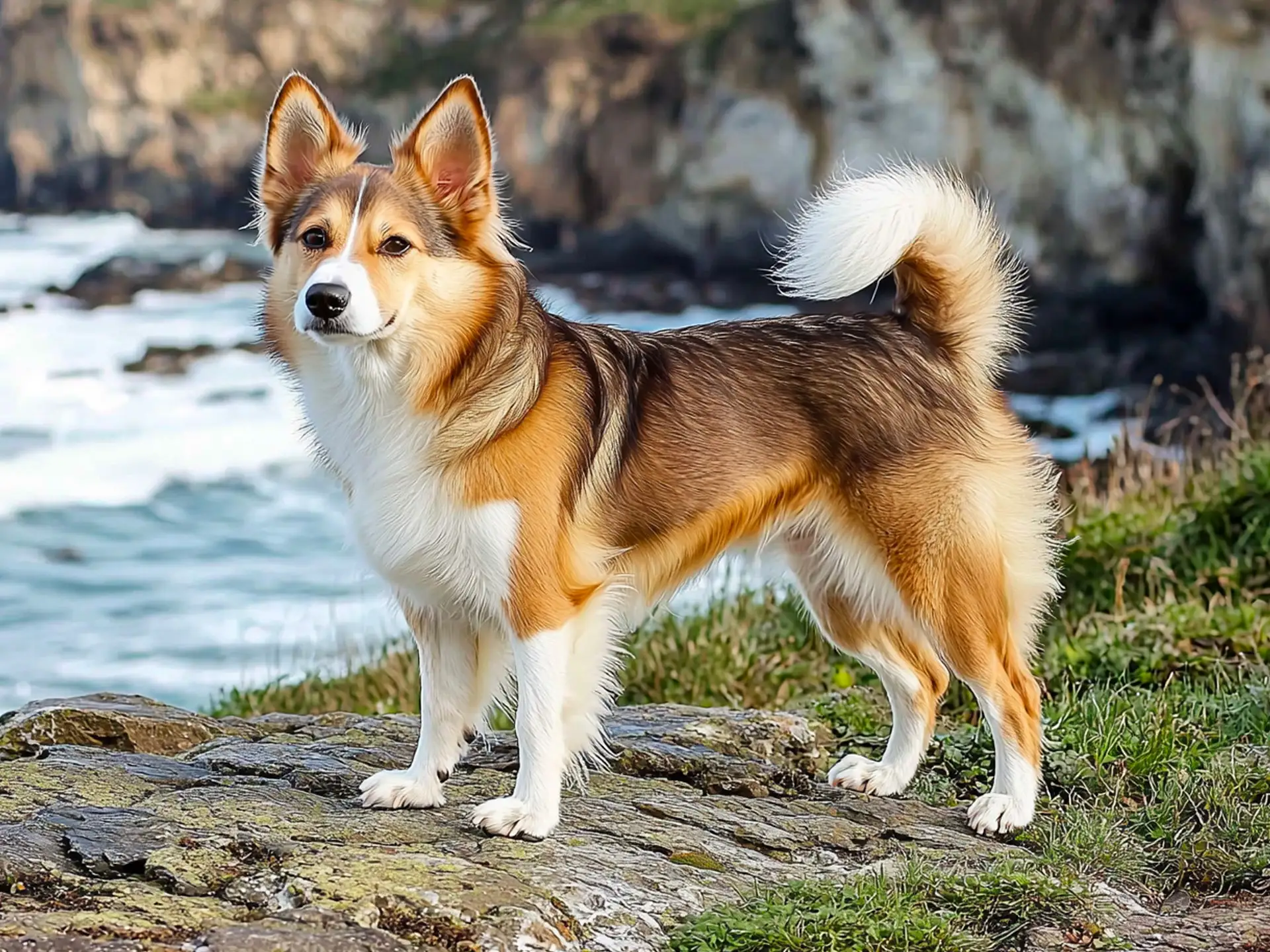 Norwegian Lundehund standing on a rocky coastal cliff with ocean waves in the background.