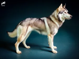 Old Inuit Dog (Canadian Eskimo Dog) breed full body view standing against green background