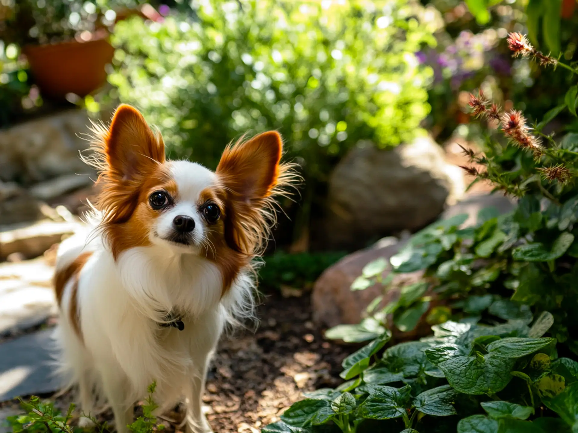 A bright-eyed Papillon dog in a garden, illustrating a lively small breed suitable for first-time owners