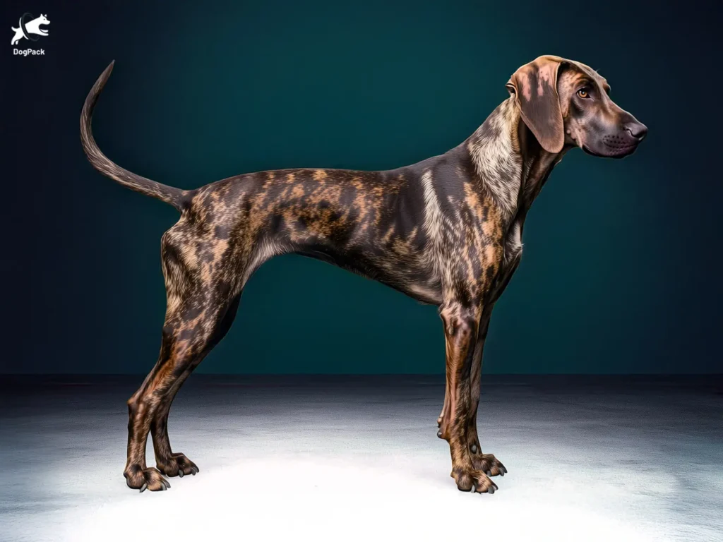 Plott Hound Dog breed full body view standing against green background