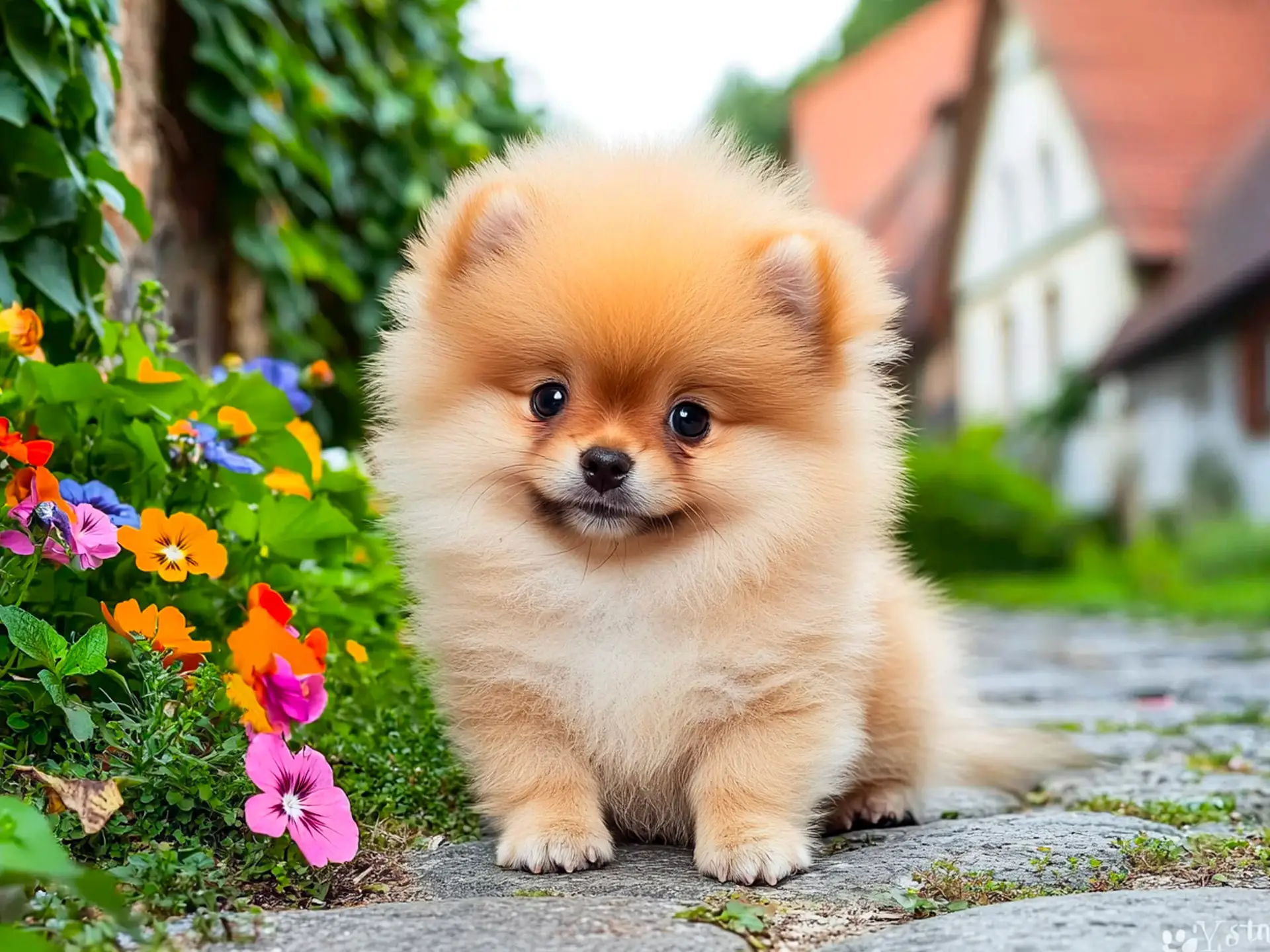 Adorable fluffy Pomeranian puppy with a thick orange coat sitting on a cobblestone path next to colorful flowers.