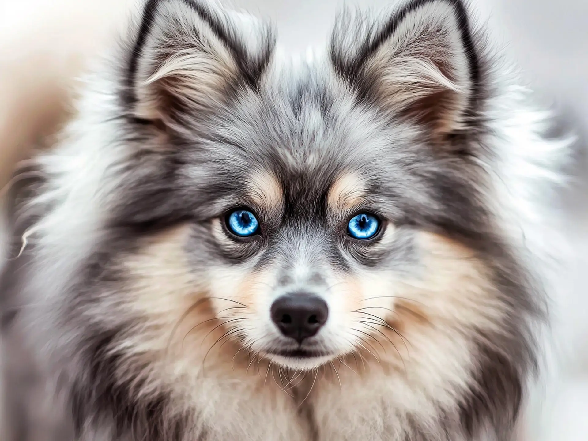 Close-up of a Pomsky dog with striking blue eyes and a fluffy gray and white coat, showcasing its Siberian Husky and Pomeranian mix heritage