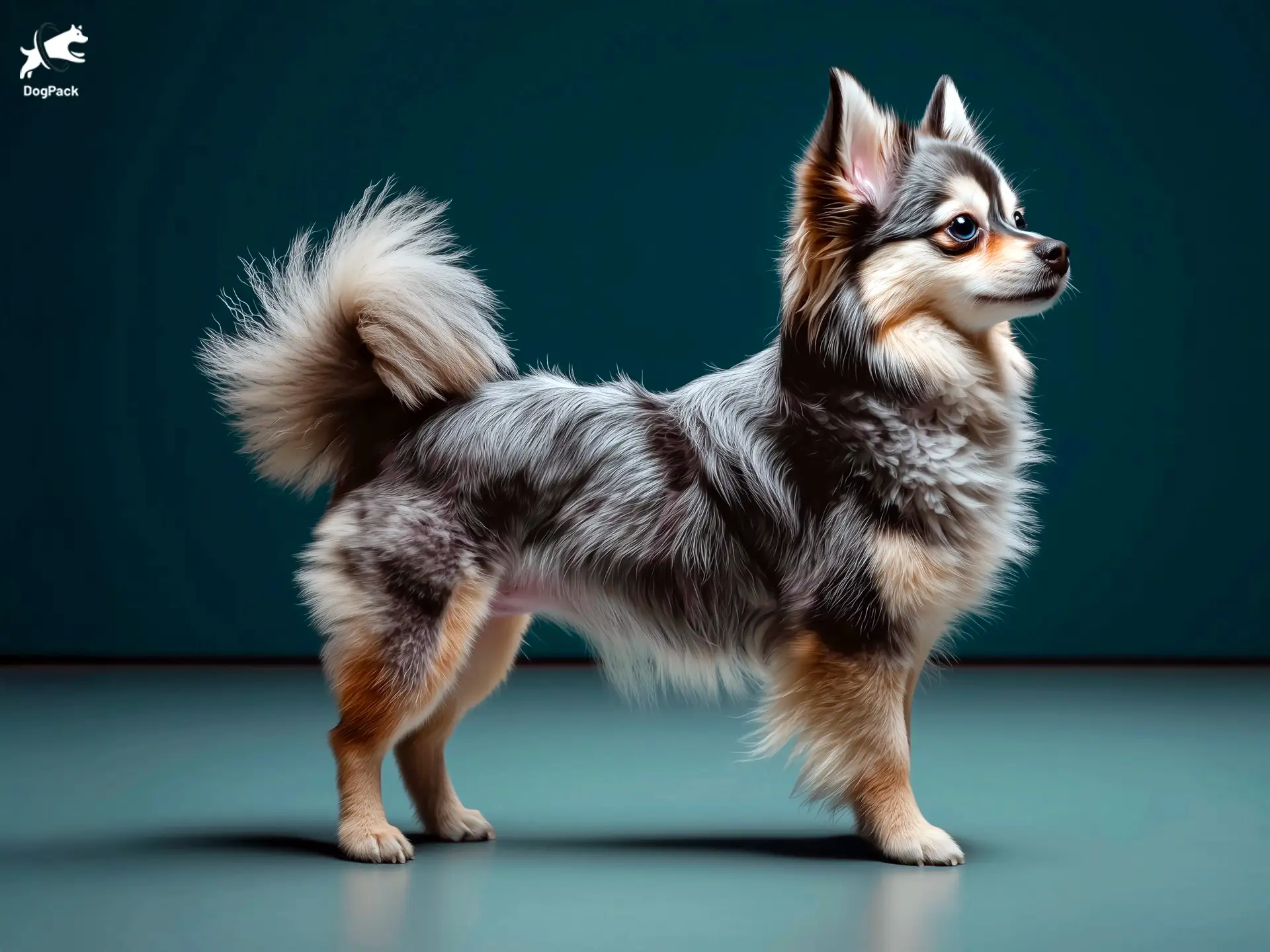 Pomsky Dog breed full body view standing against green background