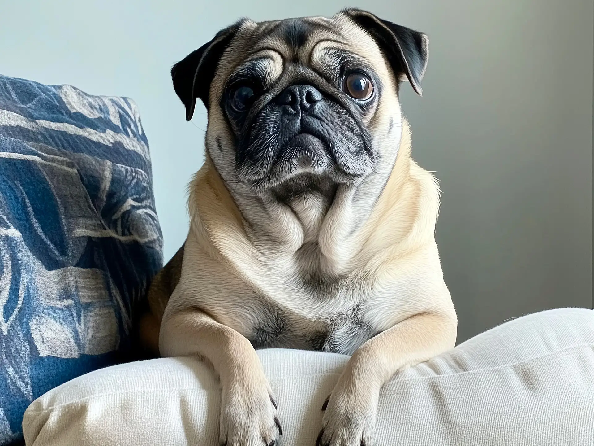 A relaxed Pug with a wrinkled muzzle, representing a lovable lap dog option for novice owners