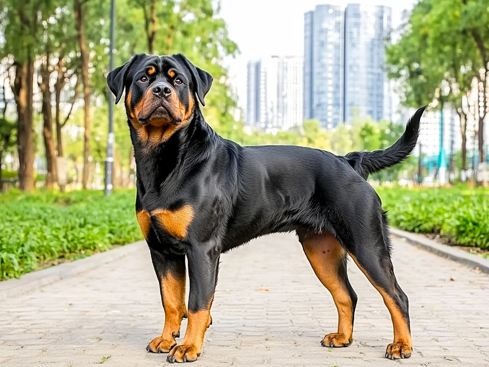 Strong and muscular Rottweiler dog standing in an urban park, showcasing its protective nature.