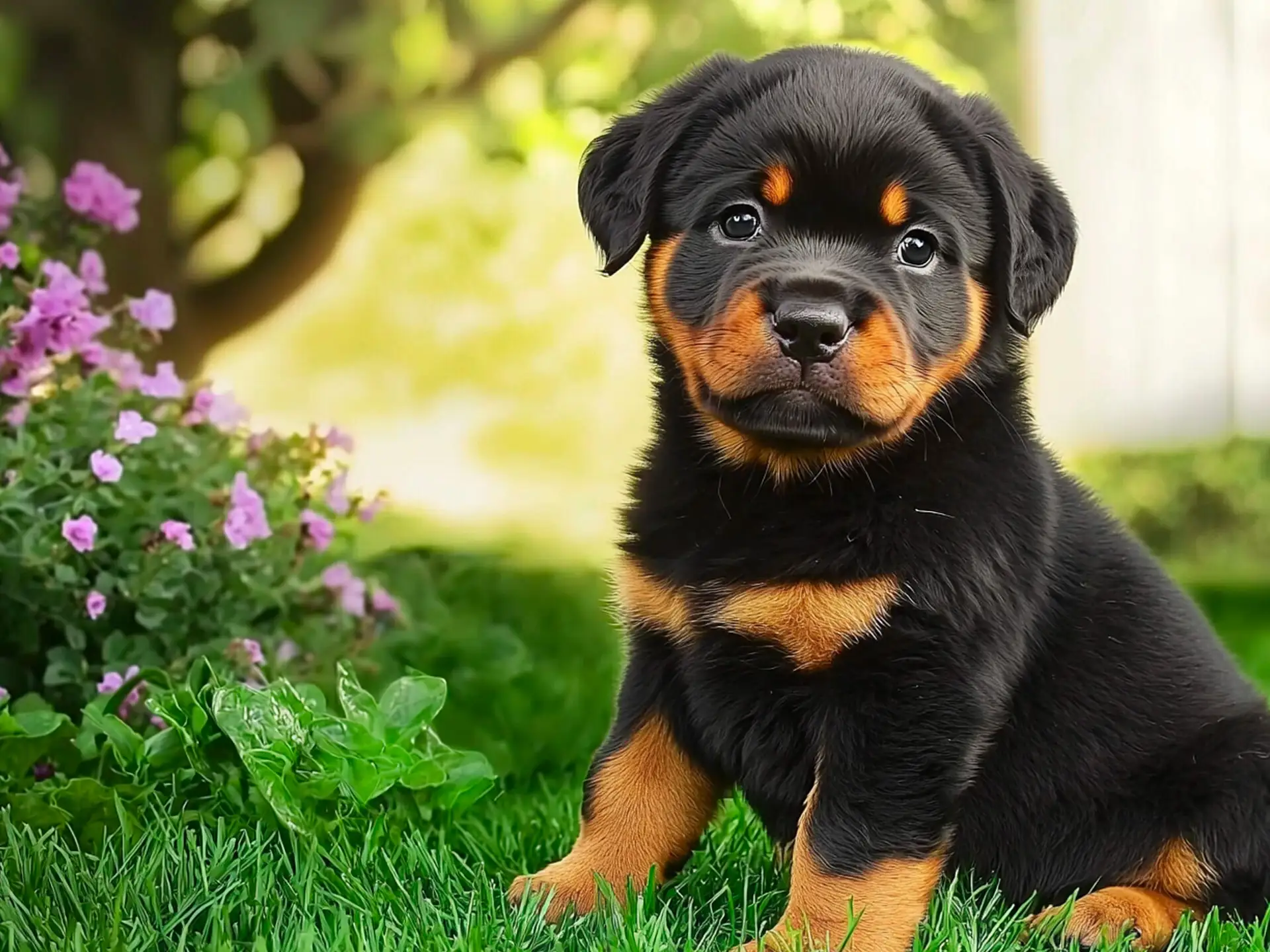 Adorable Rottweiler puppy sitting in the grass, looking curious and playful.