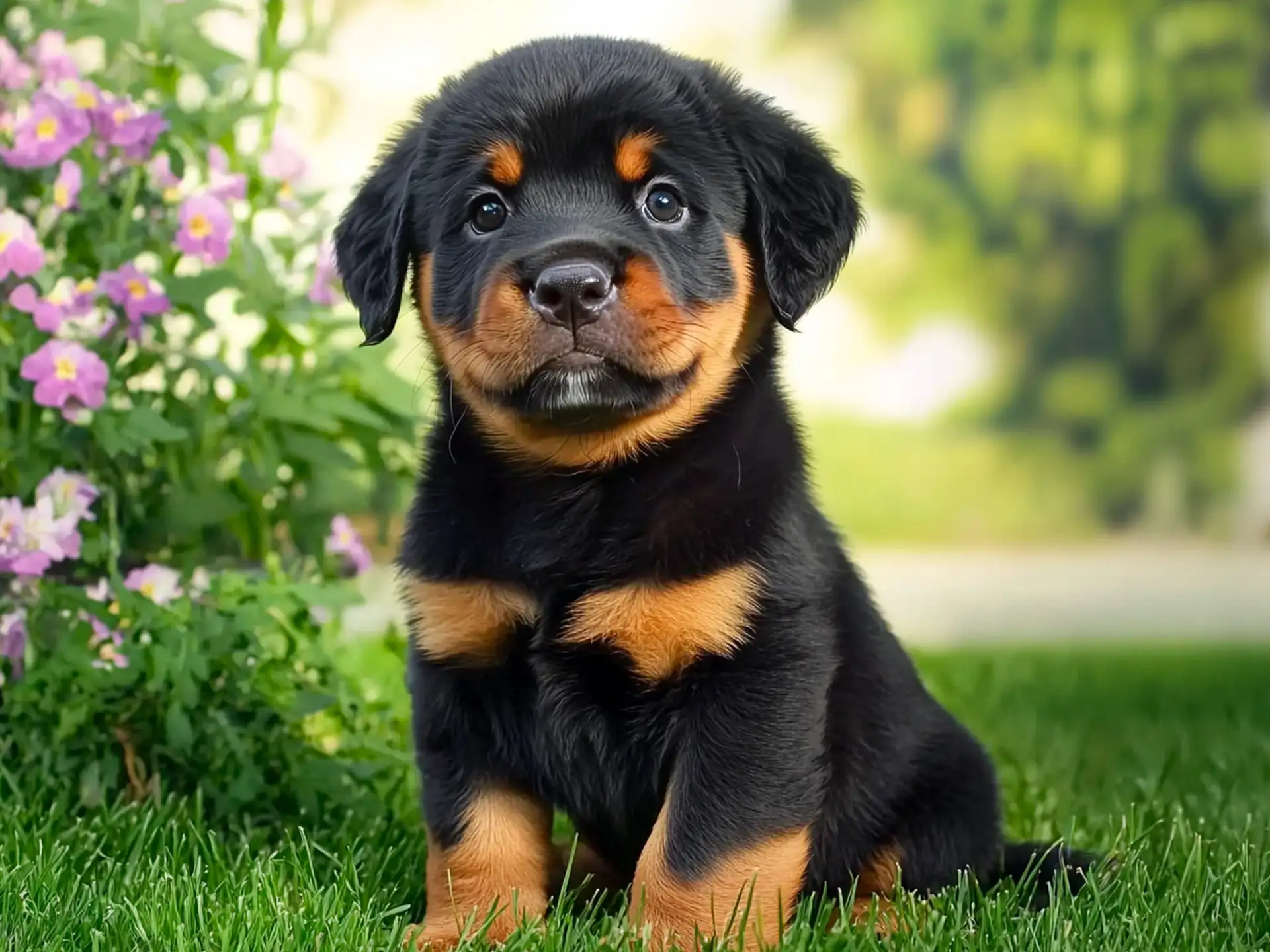 Young Rottweiler puppy with deep brown eyes and black-and-tan fur sitting in a garden.