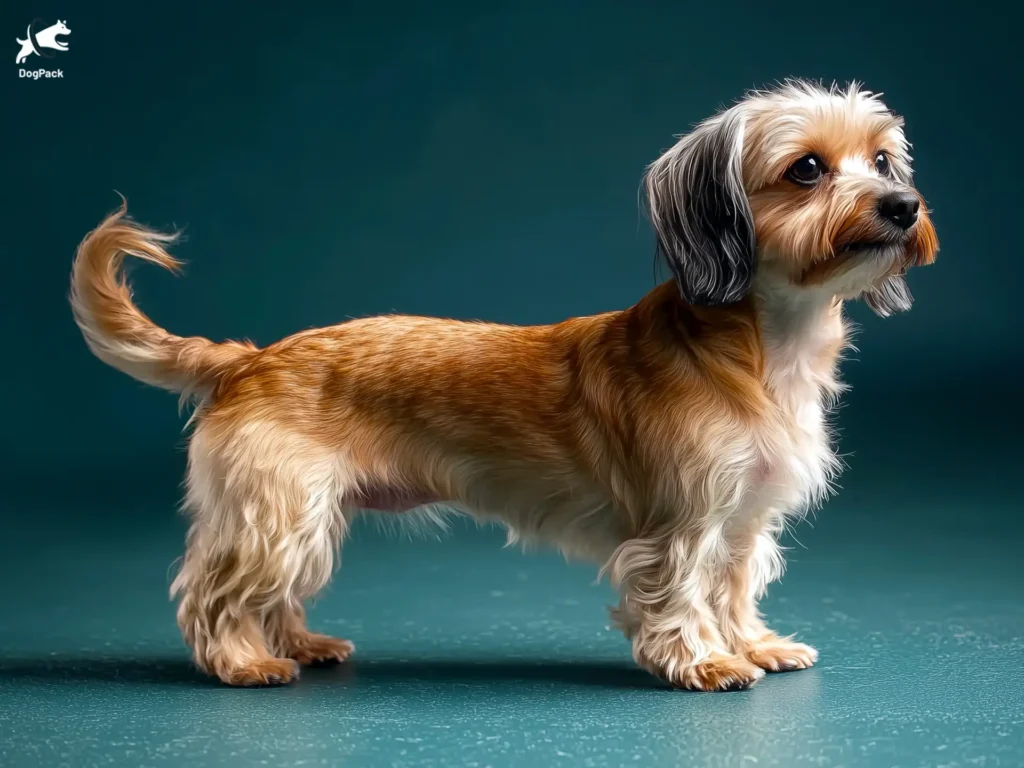 Schweenie Dog Breed full body view standing against green background