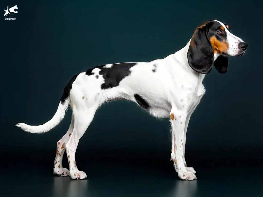 Schweizer Laufhund (Swiss Running Dog) Dog Breed full body view standing against green background