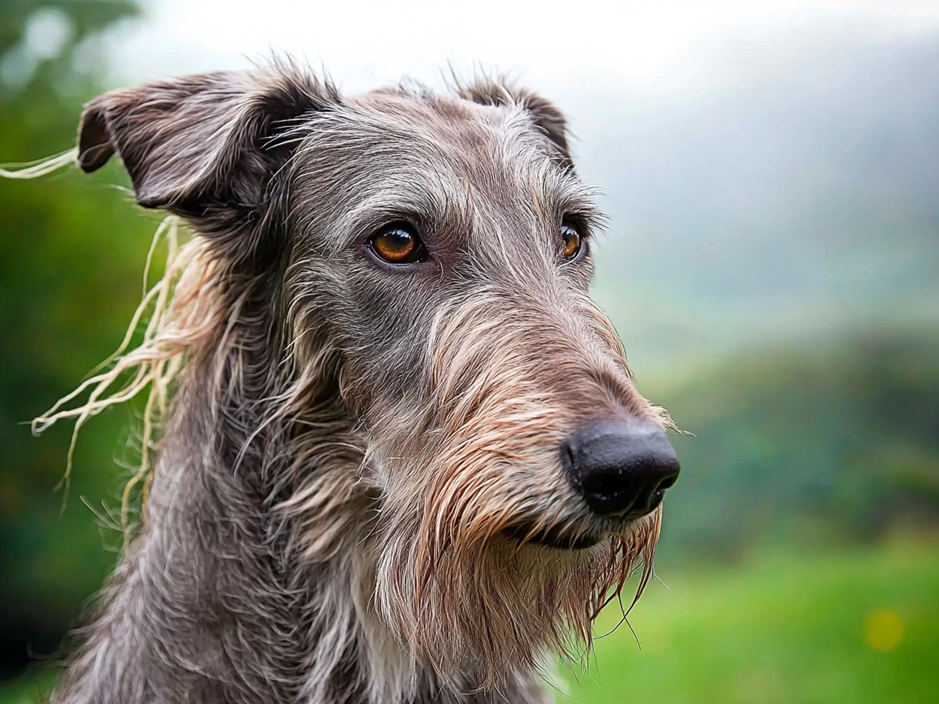 Close-up portrait of a Scottish Deerhound with a wiry gray coat and amber eyes