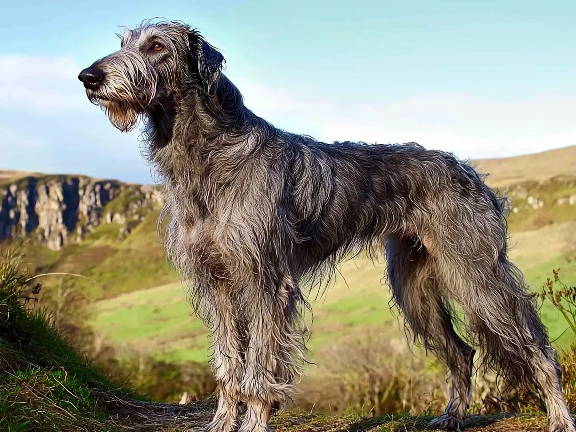 Adult Scottish Deerhound standing on a hill with a scenic countryside view.