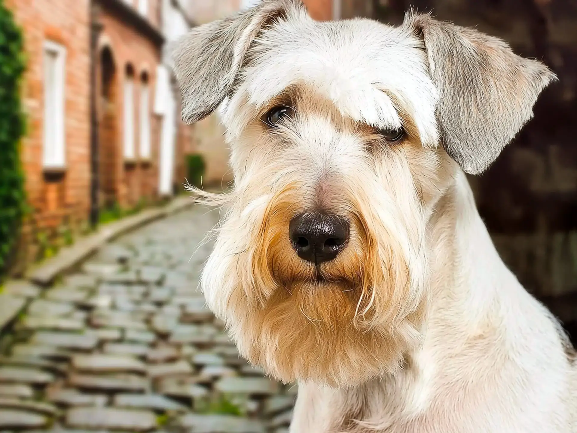 A Sealyham Terrier with a distinctive beard and expressive eyes standing on a cobblestone street