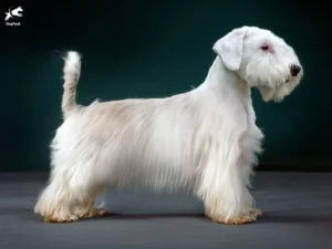 Sealyham Terrier Dog Breed full body view standing against green background