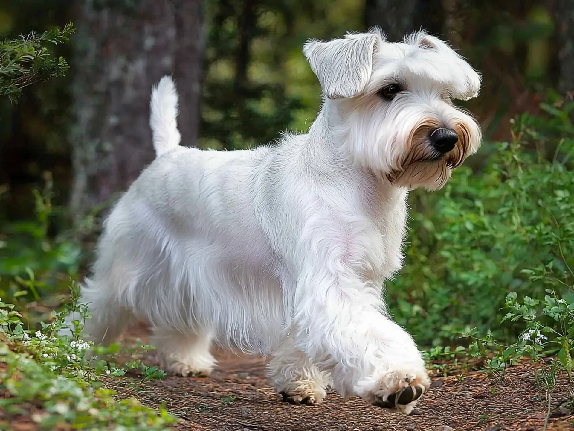 A white Sealyham Terrier with a long, flowing coat confidently walking on a woodland trail