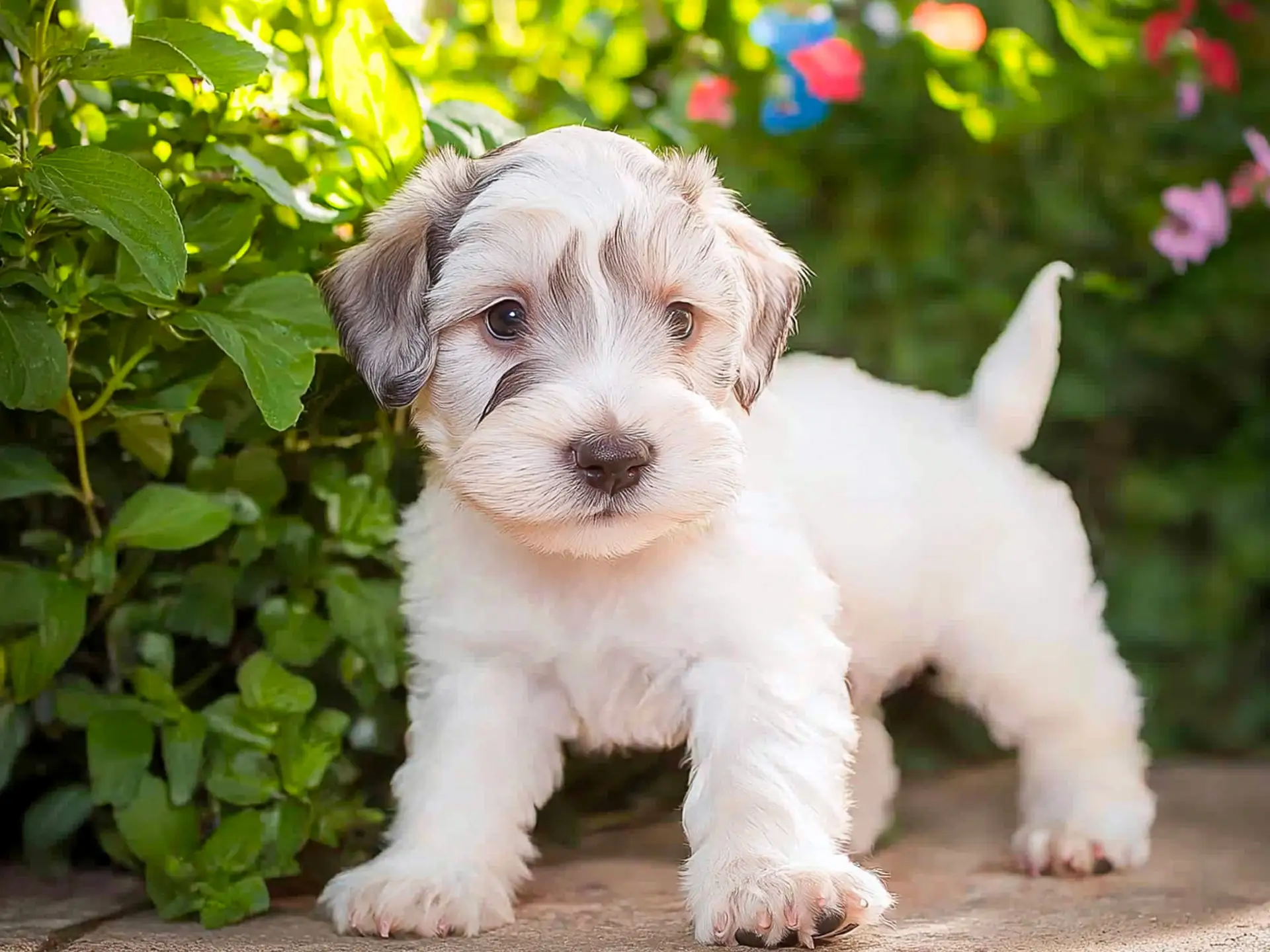 An adorable Sealyham Terrier puppy with a fluffy white coat exploring a lush garden