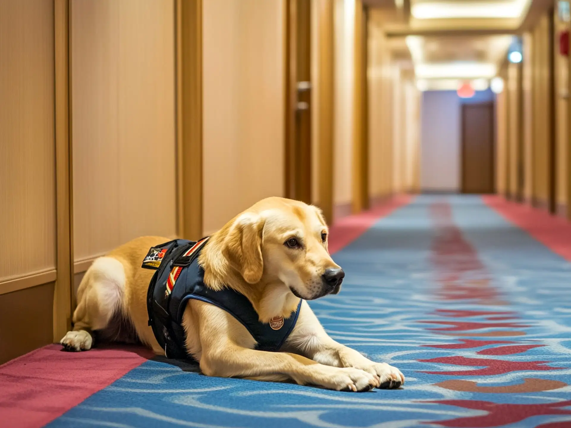 A well-trained service dog wearing a vest, calmly lying down in a cruise ship hallway