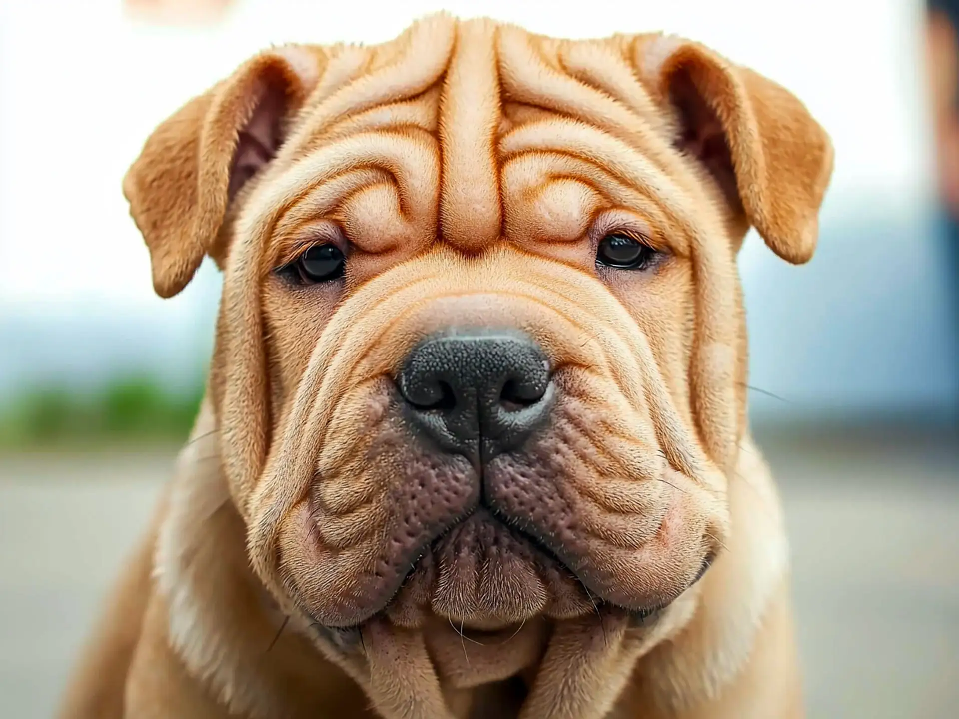 Close-up of a Shar Pei dog with distinctive wrinkles and a fawn-colored coat