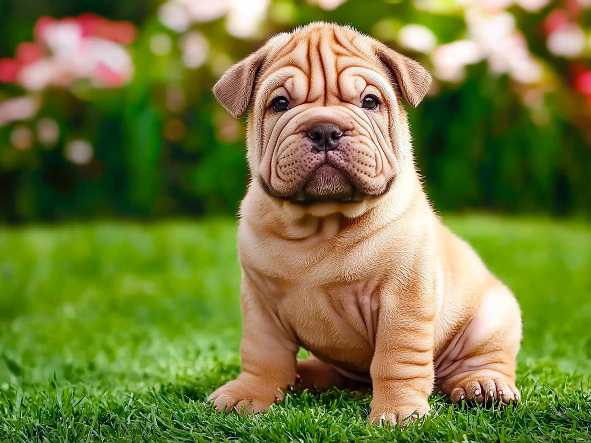 Adorable Shar Pei puppy with deep wrinkles sitting on lush green grass