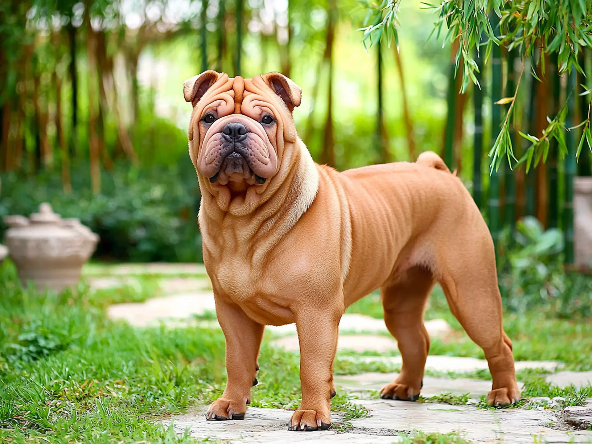 Shar Pei standing in a garden, showcasing its muscular build and wrinkled skin