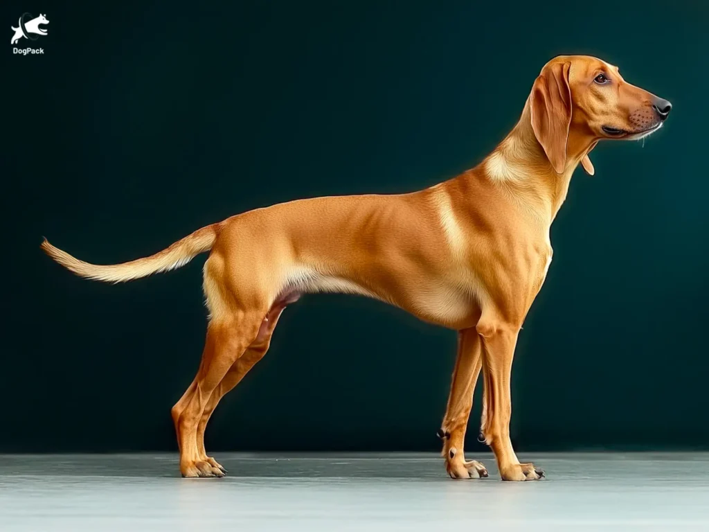 Pelo Raso Segugio Italiano (Smooth-Coated) Dog Breed full body view standing against green background