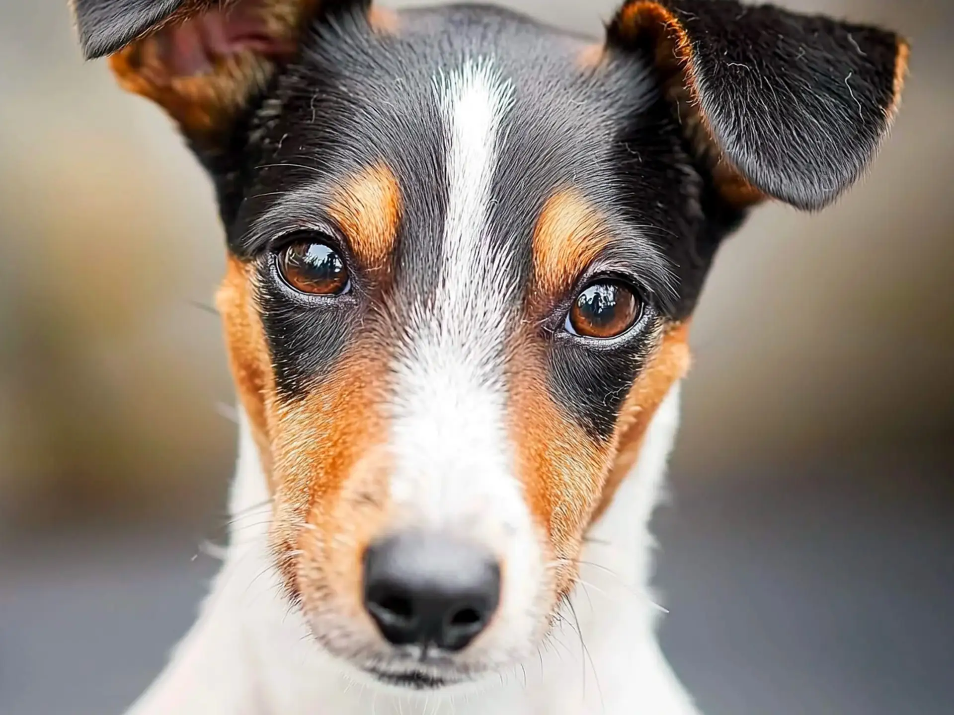 Close-up of a Smooth Fox Terrier with a tricolor coat and alert expression