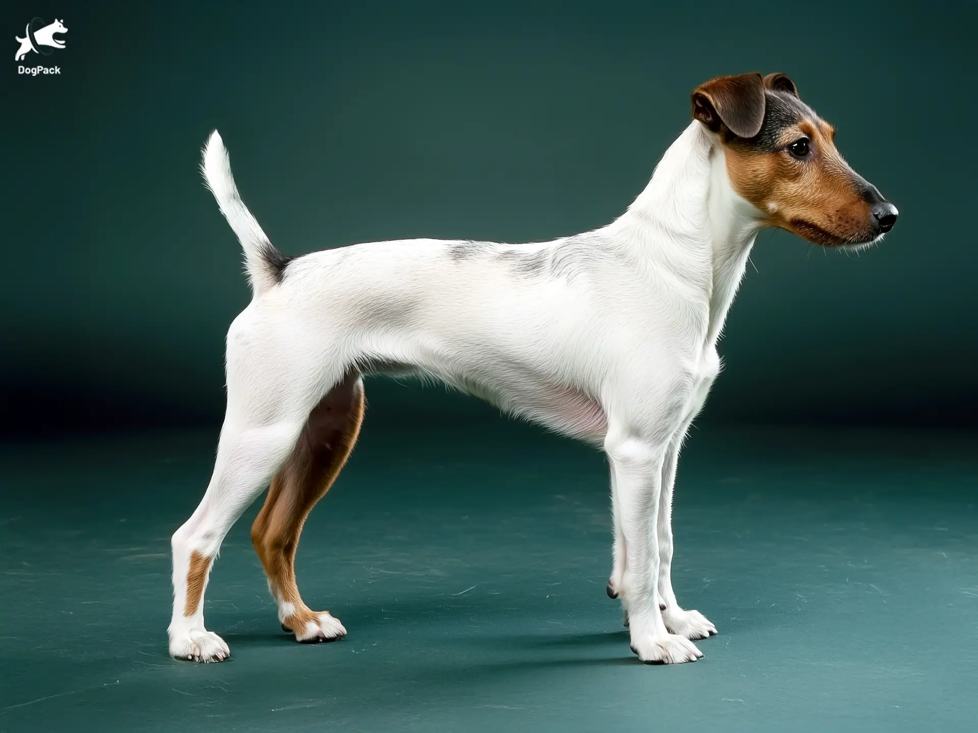 Smooth Fox Terrier Dog breed full body view standing against green background