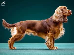 Sussex Spaniel Dog Breed full body view standing against green background