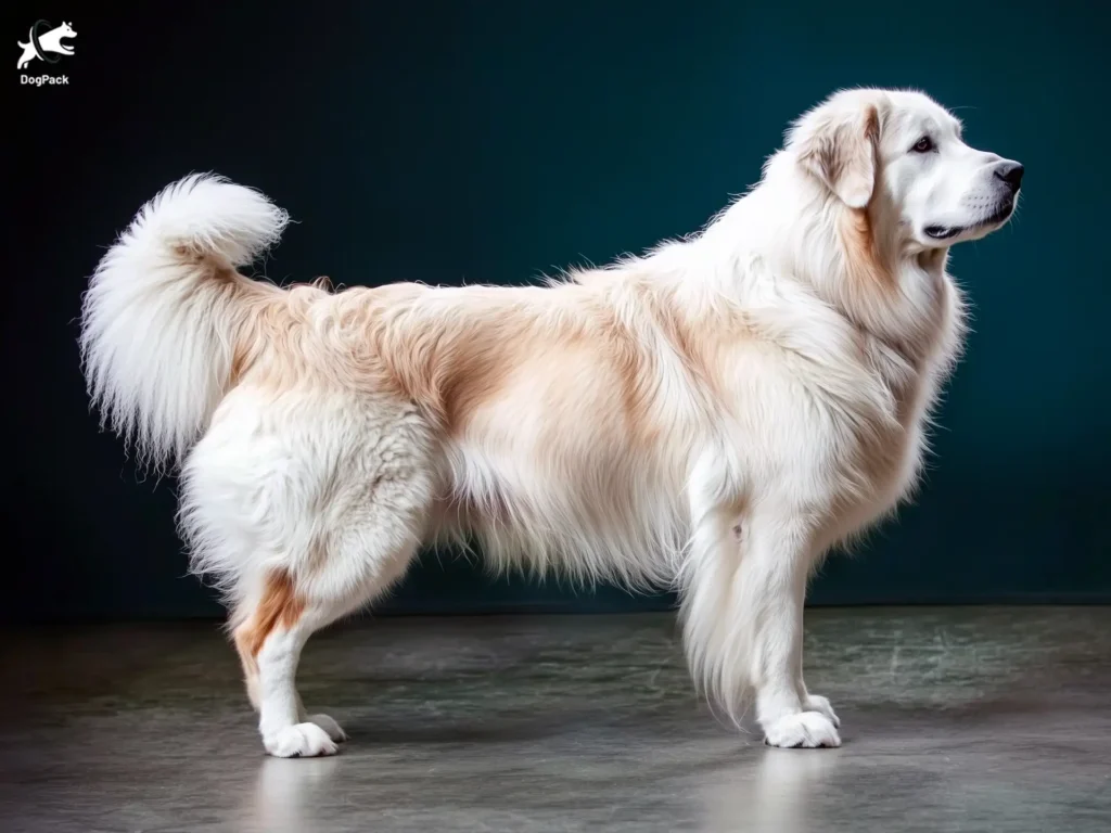 Tatra Sheepdog Dog breed full body view standing against green background