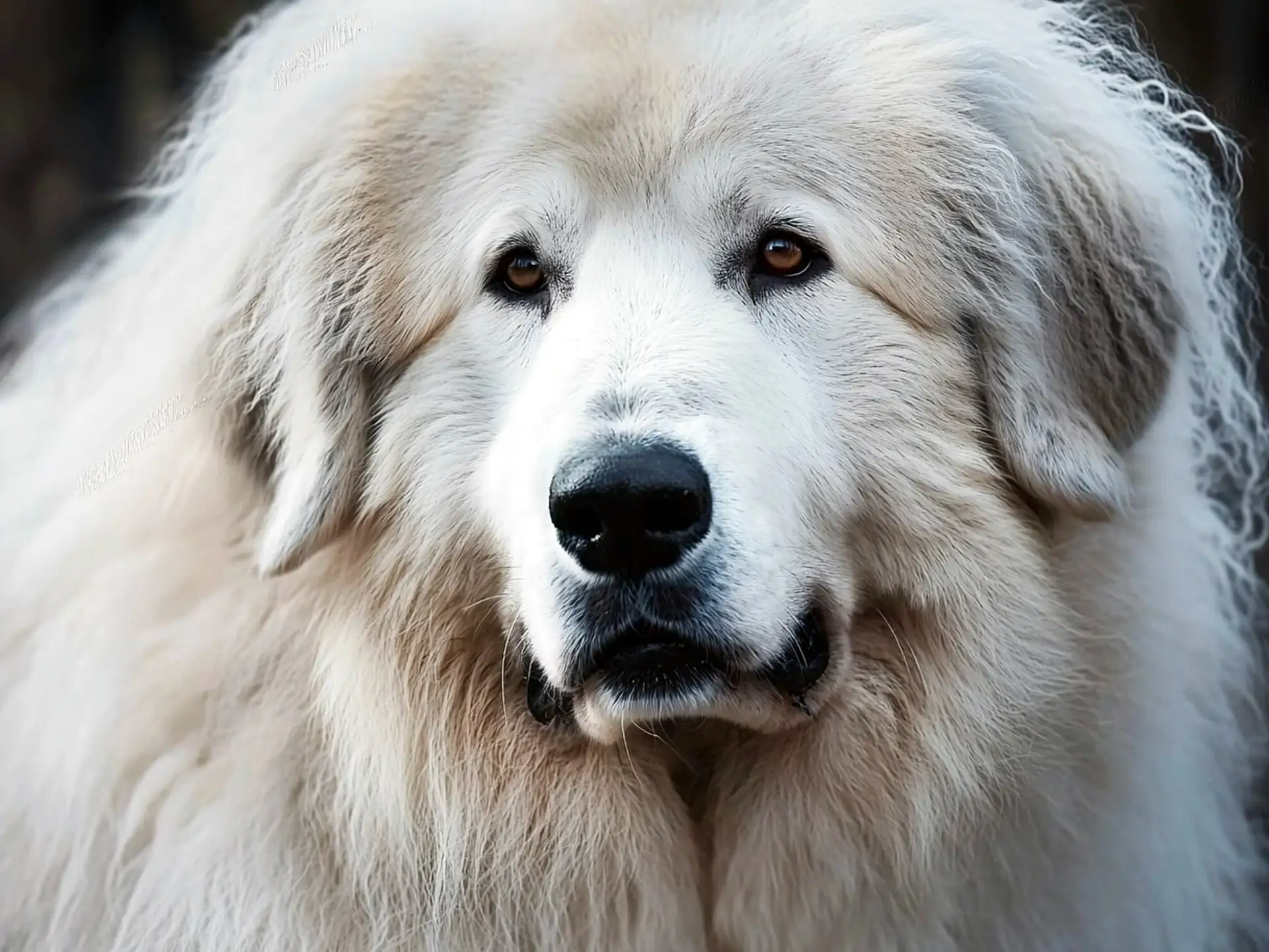 Close-up of a Tatra Sheepdog's face, highlighting its fluffy fur and calm, intelligent eyes