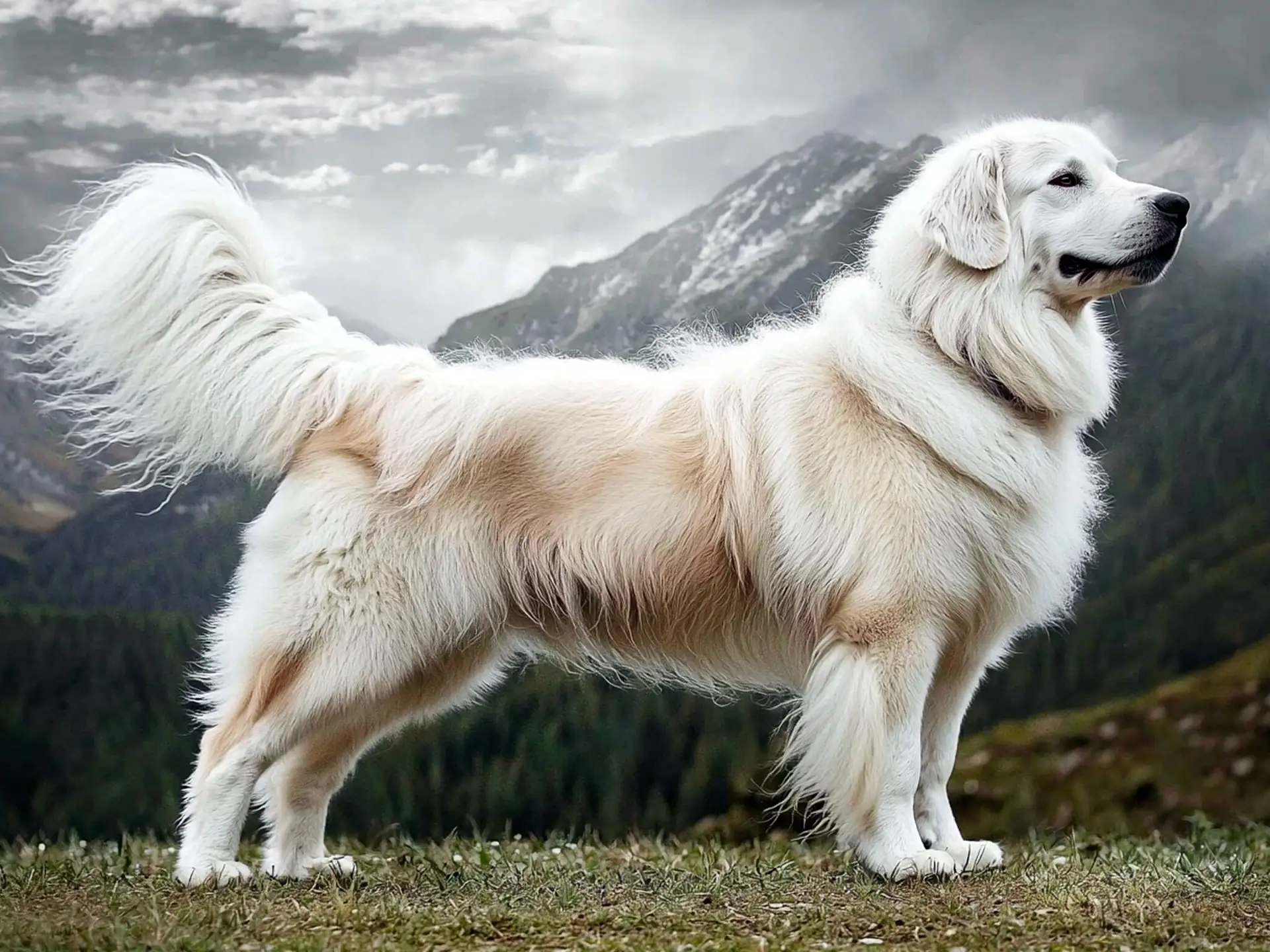 A Tatra Sheepdog standing in a mountainous landscape, displaying its thick white coat and strong posture