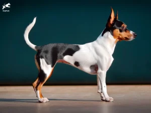 Valencian Ratonero (Gos Rater) Dog breed full body view standing against green background