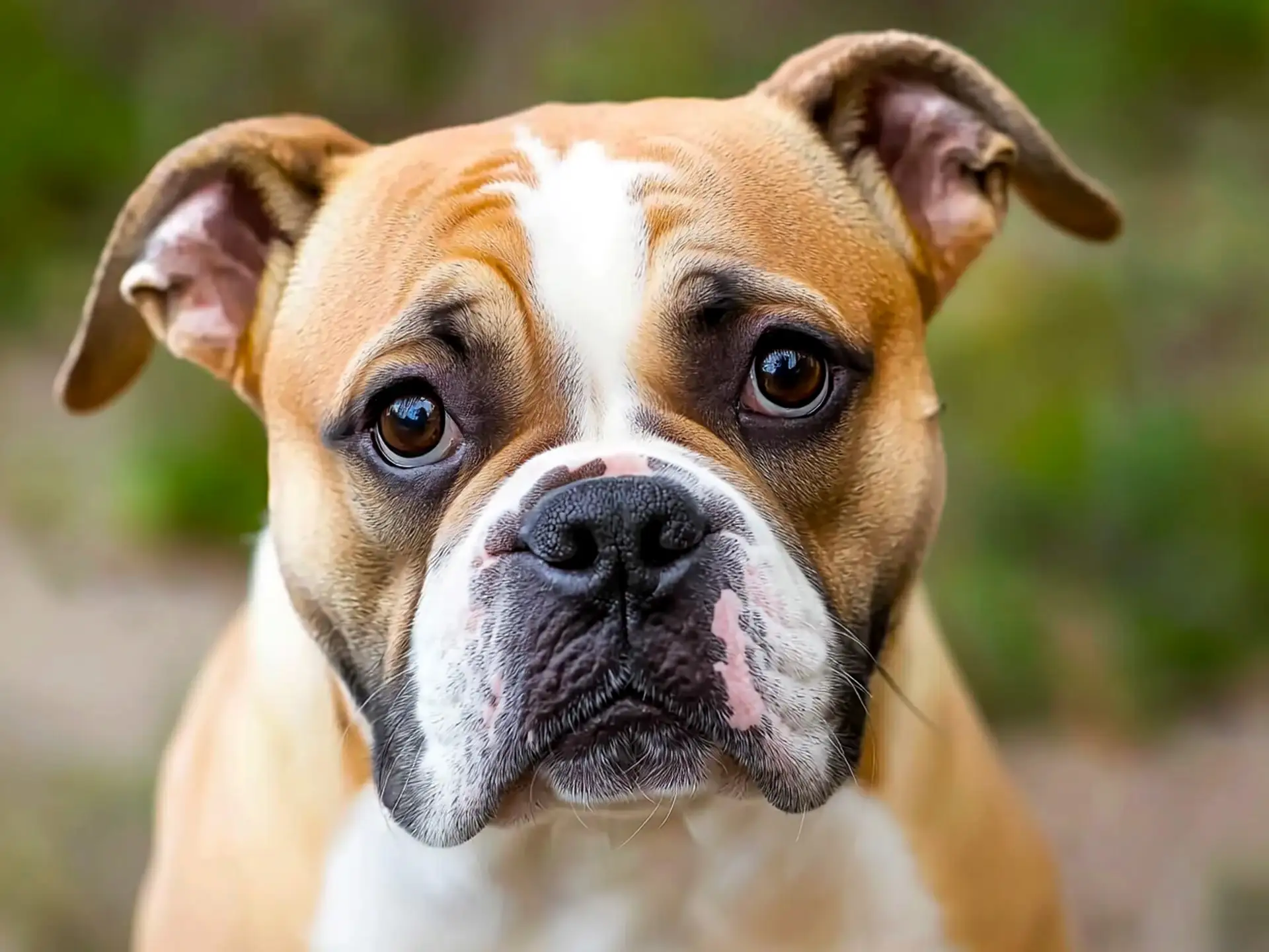 Close-up of a Valley Bulldog with a wrinkled face, expressive eyes, and a tan and white coat