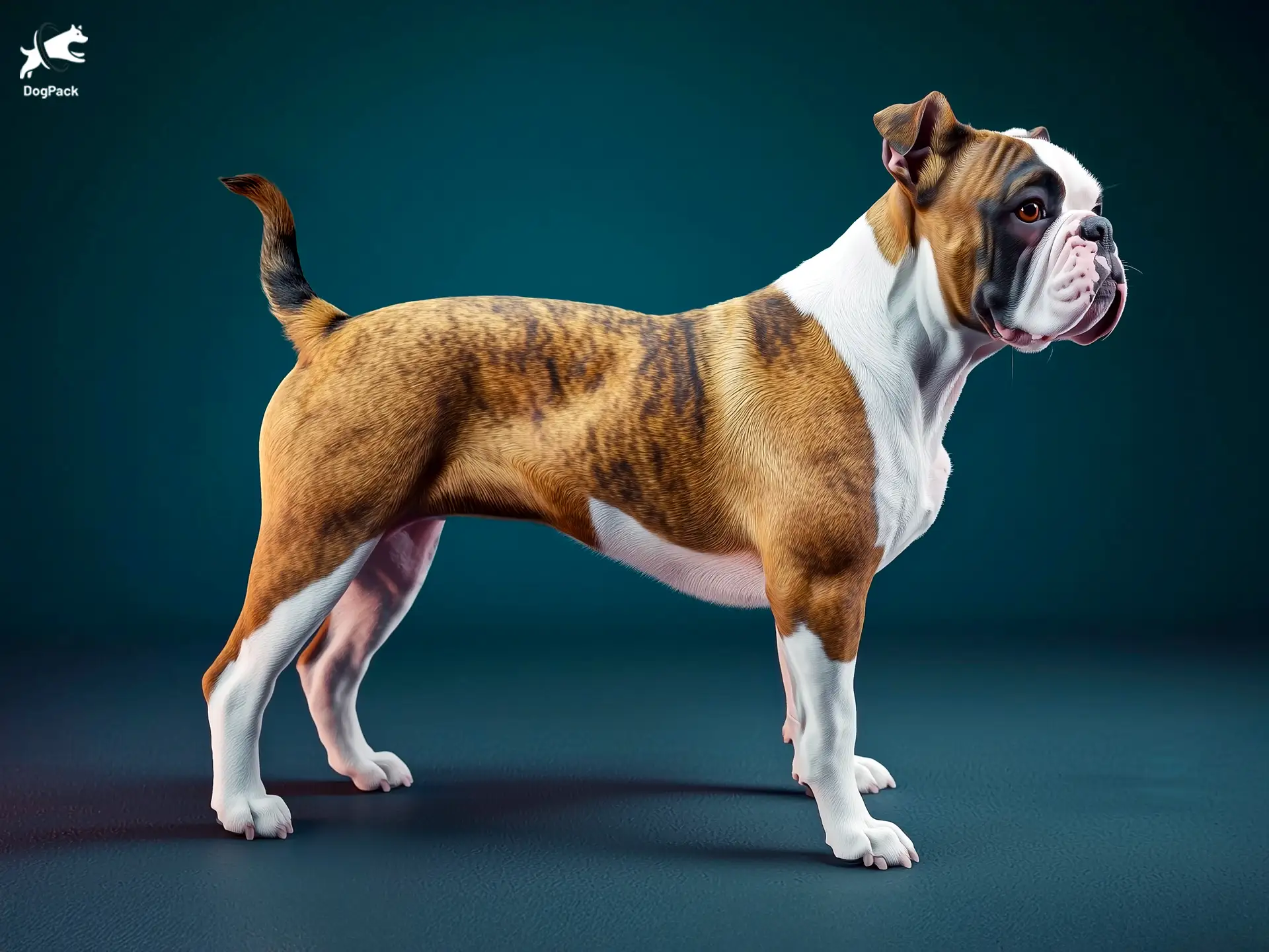 Valley Bulldog Dog breed full body view standing against green background