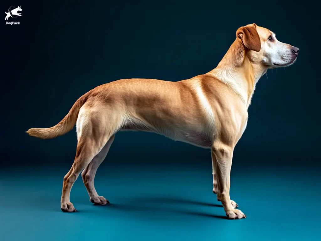 Village Dog breed full body view standing against green background