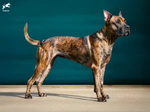 Villano de las Encartaciones Dog breed full body view standing against green background