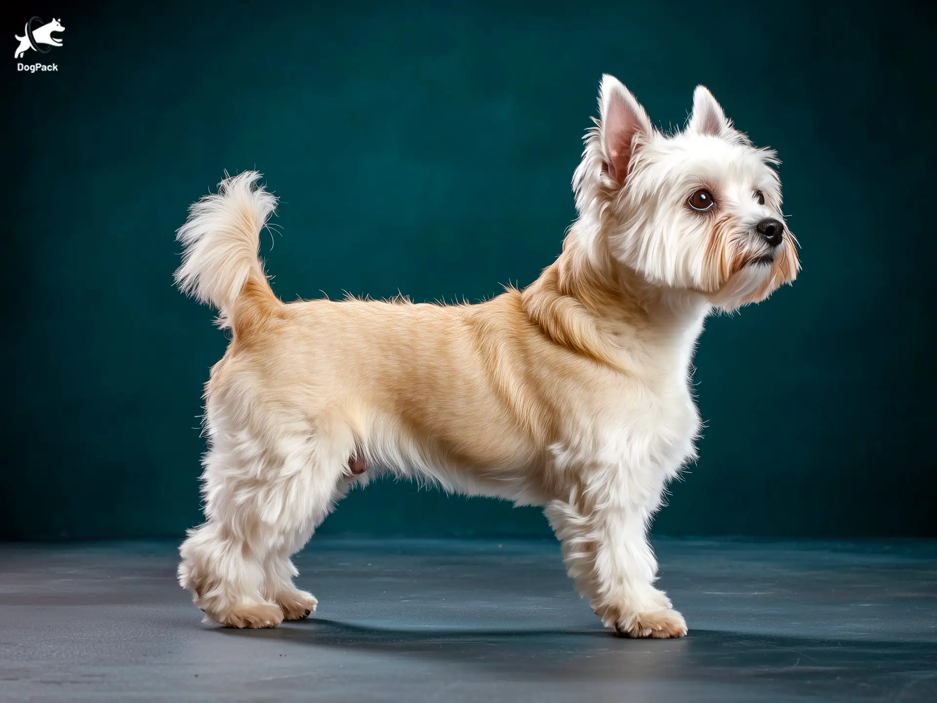 Wee-Chon Dog breed full body view standing against green background