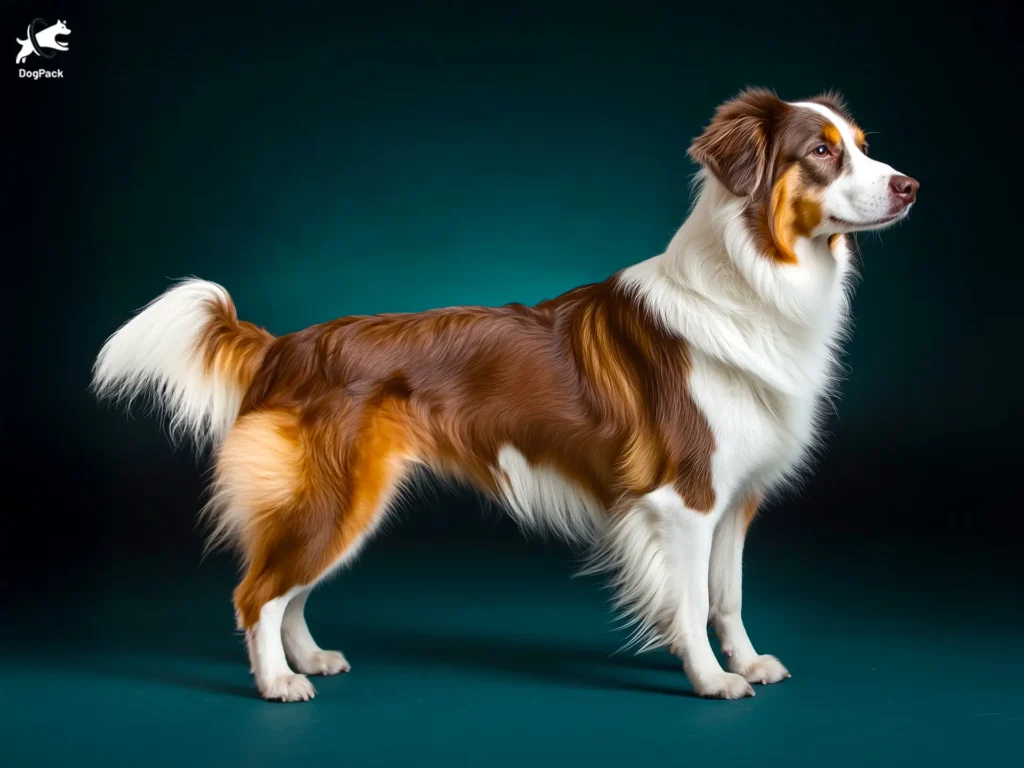 Welsh Sheepdog Dog breed full body view standing against green background