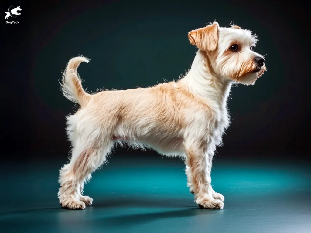 Westiepoo Dog breed full body view standing against green background