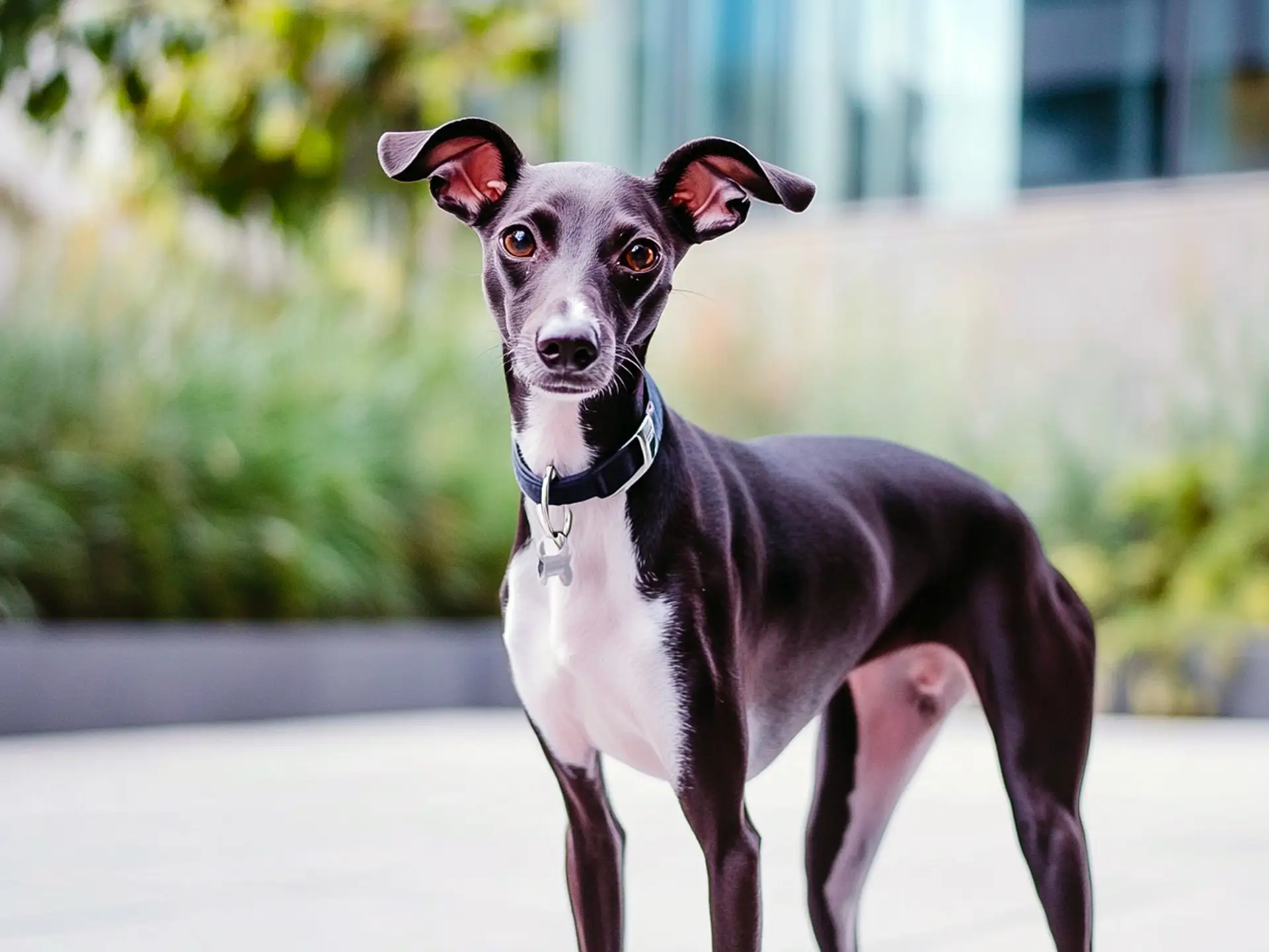 A graceful Whippet in a quiet outdoor setting, demonstrating a gentle, affectionate breed for first-time owners