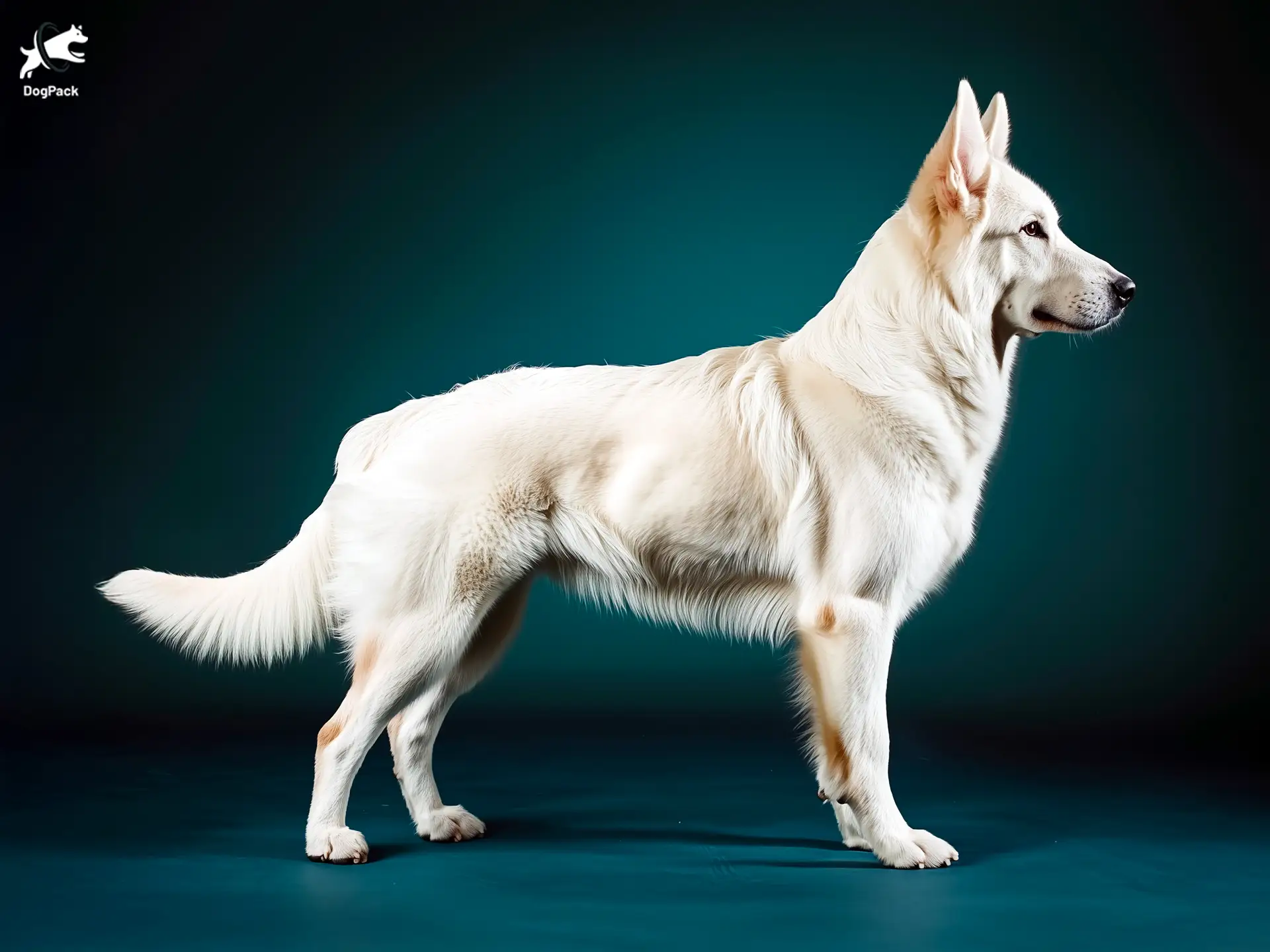 White Shepherd (GSD) Dog breed full body view standing against green background