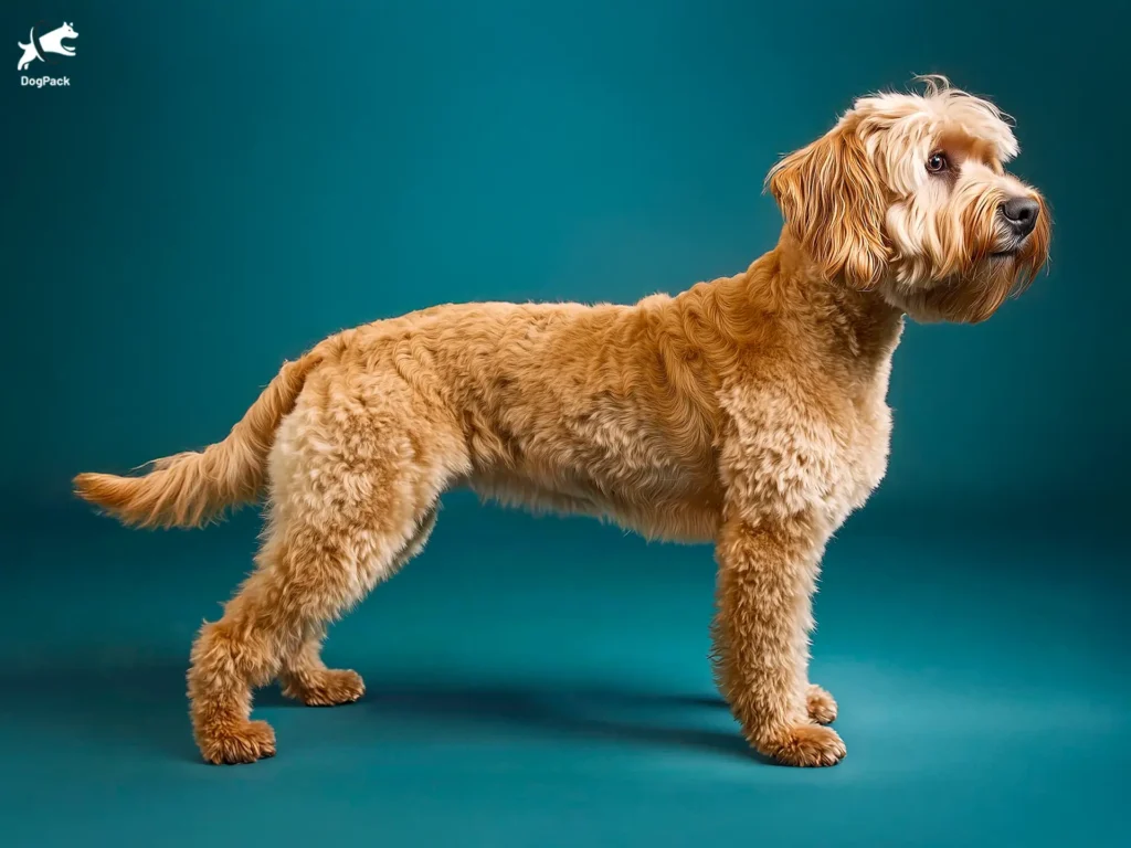 Whoodle Dog breed full body view standing against green background