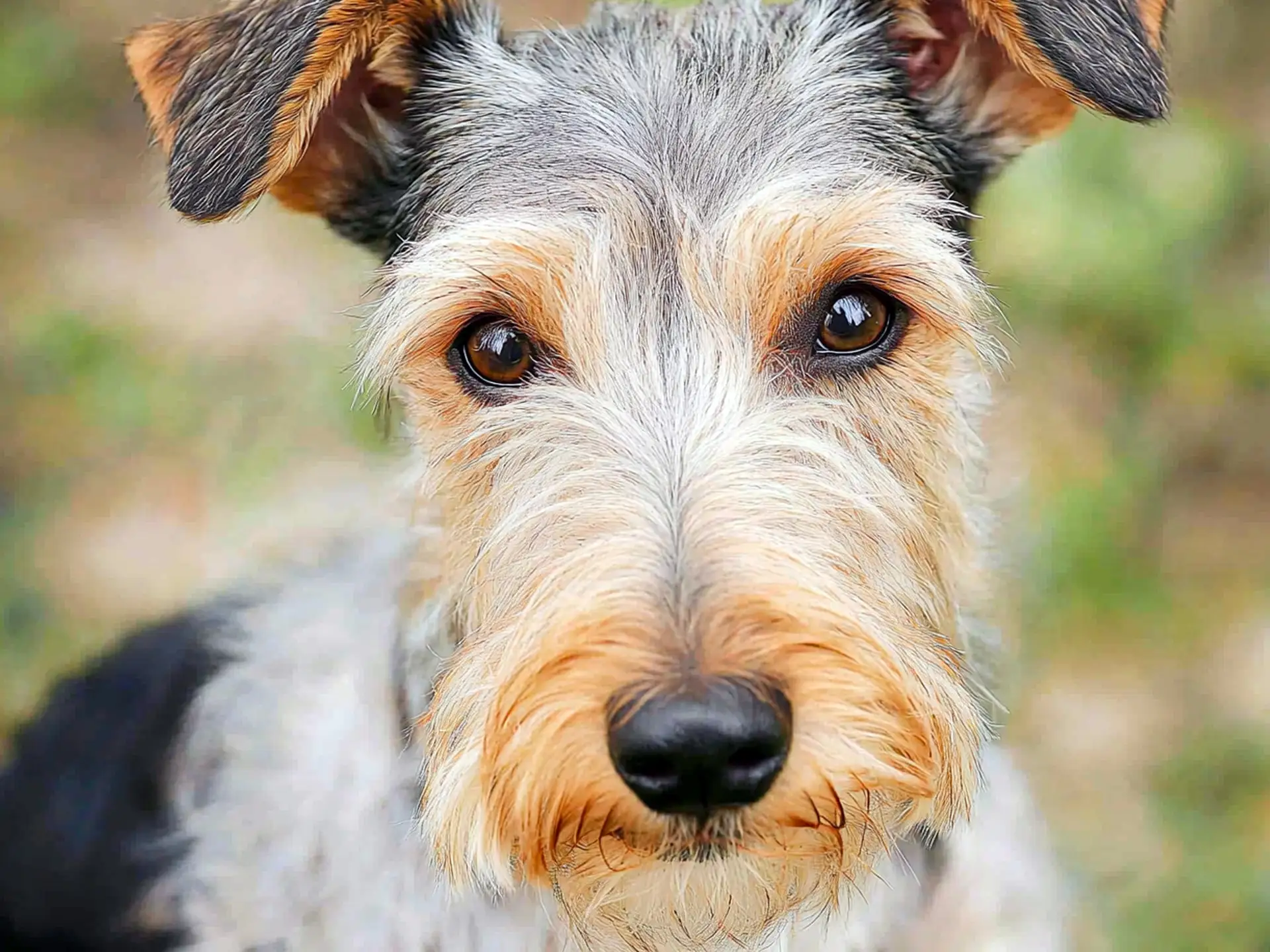 Close-up of a Wirehaired Fox Terrier with a scruffy coat and expressive brown eyes