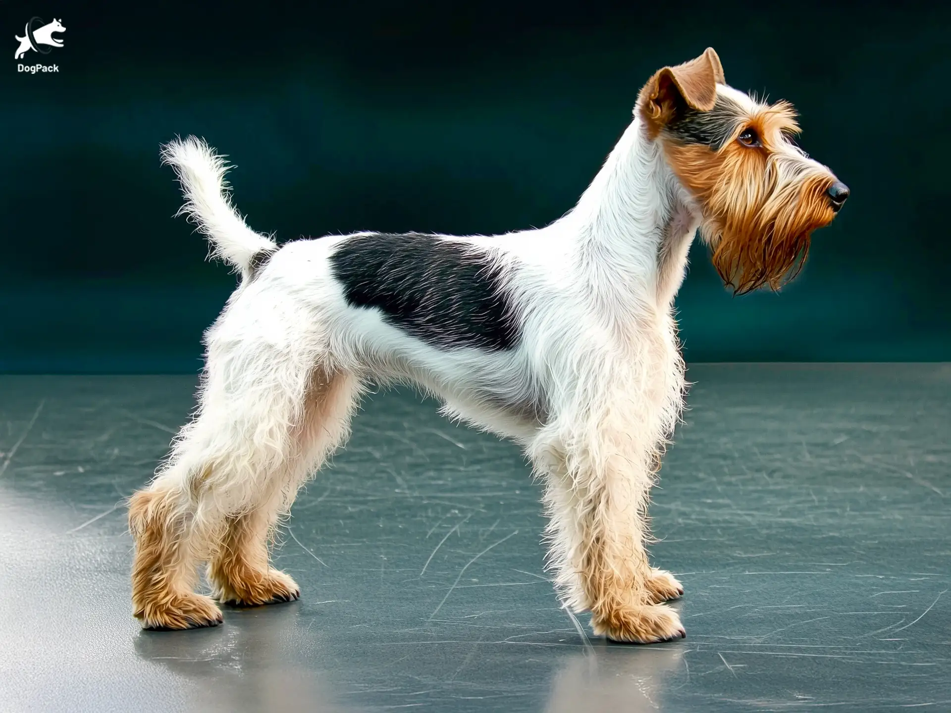 Wirehaired Fox Terrier Dog breed full body view standing against green background